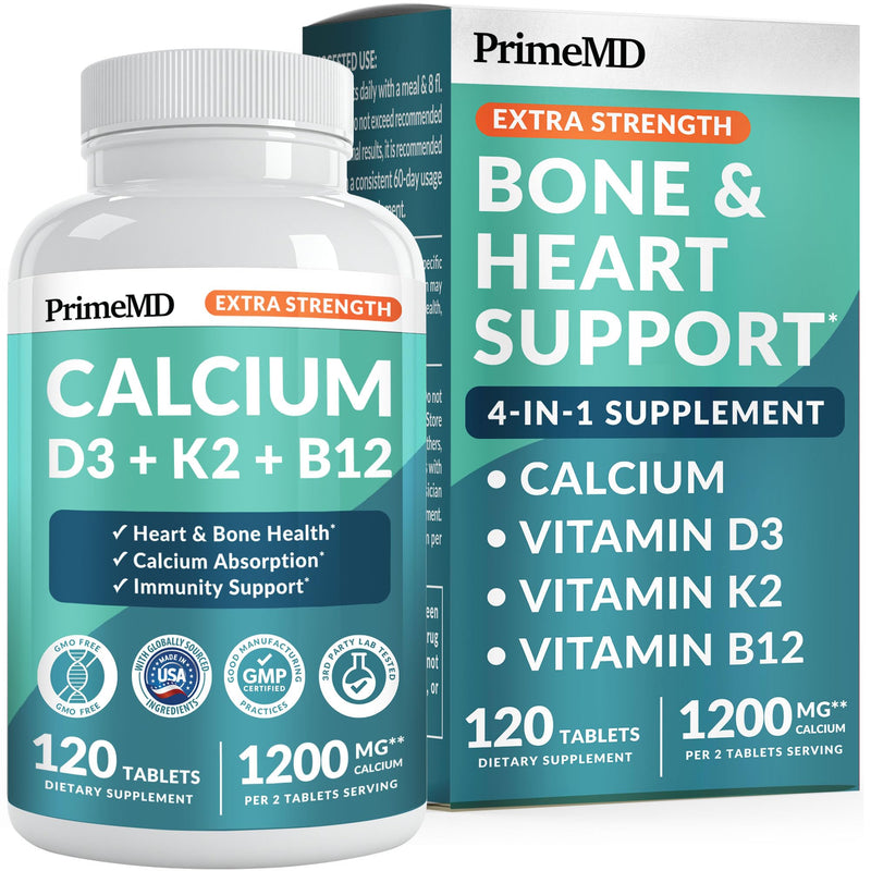 PrimeMD 4-in-1 Calcium 1200mg, Vitamin D3 K2 5000IU, Vegan Non-GMO, 120ct | Bone Health and Everyday Vitality Support, Extra Strength Calcium with Vitamin D3 and K2, Vegan, Non-GMO, Calcium Supplement 120 Count (Pack of 1)