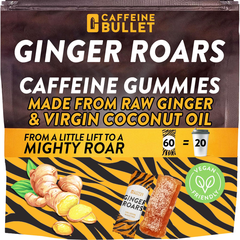 [Australia] - Ginger Roars - 60 Energy Gummies - Vegan Caffeine Chews Each 33mg, Made with a Tasty, Natural Fiery Kick for Improved Running, Cycling, Preworkout & Focus. 1 Bag - 60 Energy Chews 