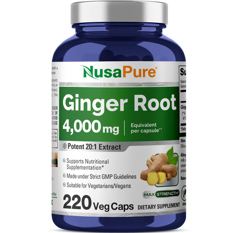 [Australia] - NusaPure Ginger Root Capsules 4000 mg per Veggie Caps | 220 Count | Non-GMO | 20:1 Extract 