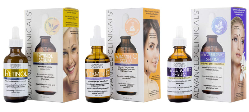 Advanced Clinicals Retinol Anti-Aging Facial Serum + Vitamin C Brightening Facial Serum + Hyaluronic Acid Hydrating Facial Serum Set