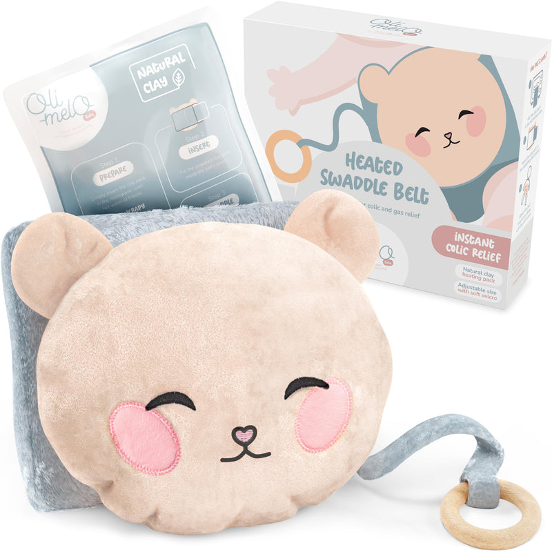 [Australia] - Baby Heated Tummy Wrap Colic & Gas Relief : Natural Clay Pack for Gassy Belly, Reflux - Wooden Teether Included, Soft Plush Swaddle Band - Premium Belt Pad for Babies, Infant & Newborn 