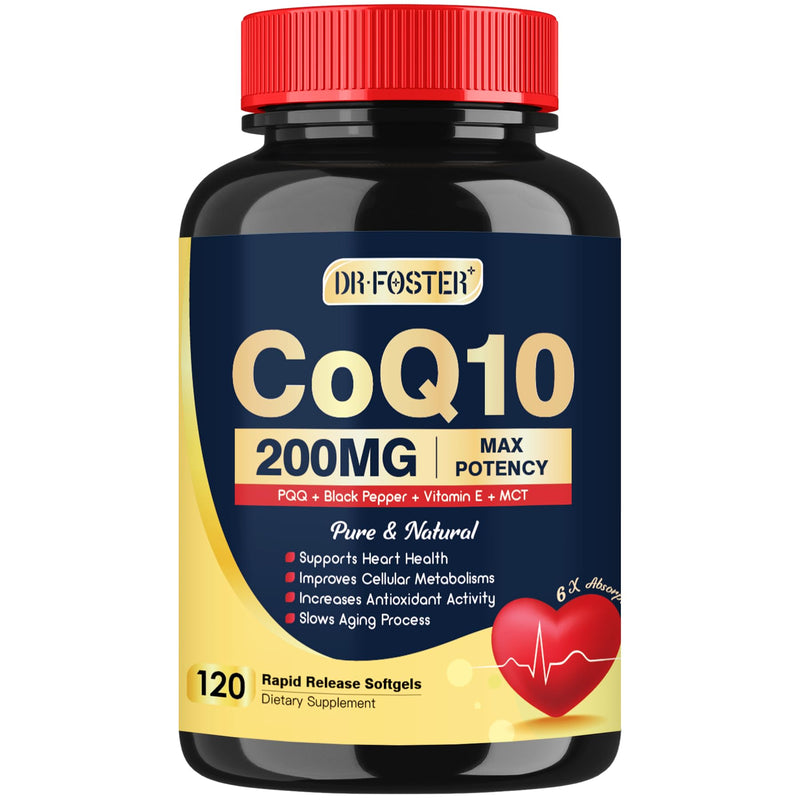 DRFOSTER CoQ10 200mg Softgels with PQQ & Vitamin E, 120 Servings | 6X High Absorption Coenzyme Q10 Supplement with Black Pepper Extract, Supports Heart Health and Energy Production 120 Count (Pack of 1)