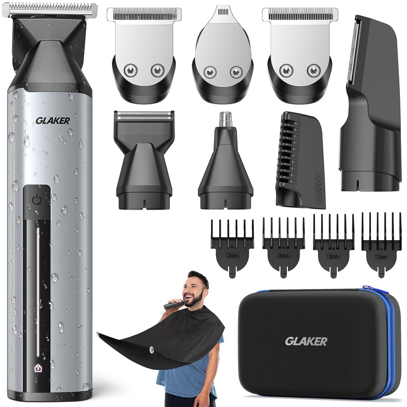 [Australia] - GLAKER Beard Grooming Kit - All in One Hair Cutting Kits, Electronic Shaving Razor, Professional Barber Kit, Mens Body Hair Shaver, Cordless Nose Hair Trimmer, Rechargeable Hair Clippers for Men Silver 