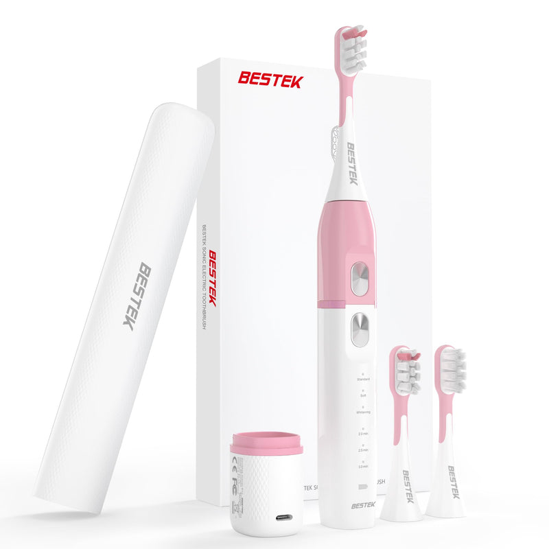 [Australia] - BESTEK Sonic Electric Toothbrush with IPX67 Waterproof, Powerful Cleaning Rechargeable Toothbrush with Multiple Modes & Smart Timer, 2 Replacement Brush Head & 1 Travel Case - Pink 
