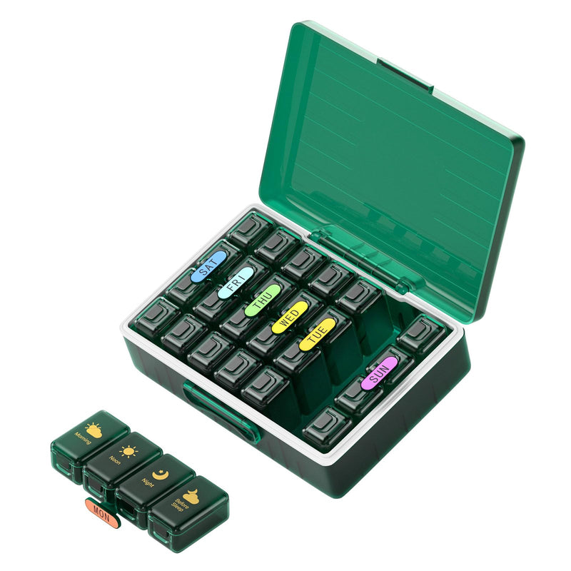 Weekly Pill Organizer 4 Times a Day, Large Compartments Pill Box 4X 7 Day, Medicine Organizer Pill Case for Pills/Vitamins/Fish Oils/Medication/Supplements (4x7 Dark Green) 4 Times x 7 Days