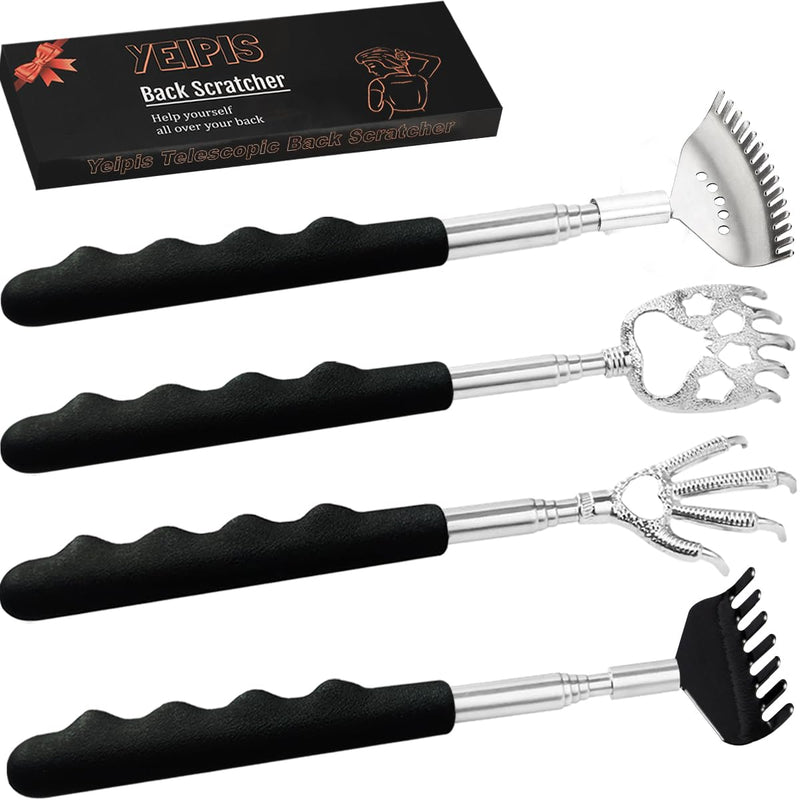 [Australia] - 4Pcs Different Back Scratcher Extendable Back Massager Tool with Rubber Handles, Metal Portable Telescoping Back Scratcher, Stocking Stuffers for Men Women Kids Adults (Black) 