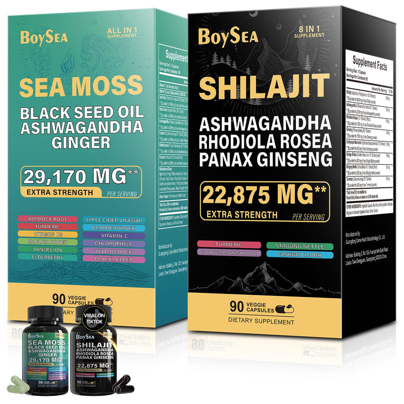 [Australia] - Boysea.Sea Moss and shilajit Bundle - 90 Count - Sea Moss 7000mg, Black Seed Oil 4000mg, Ashwagandha 2000mg, Ginger & Shilajit 9000mg, Rhodiola Rosea 1000mg, All in 1 Supplements (1 Pack) 90 Count (Pack of 2) 