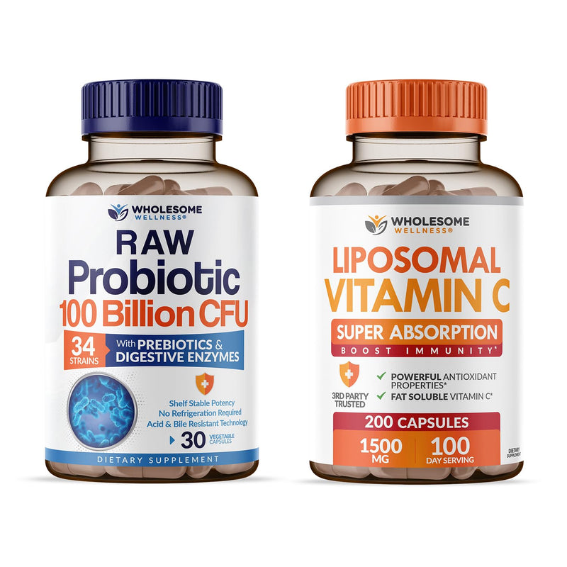 Wholesome Wellness Organic Probiotics 100 Billion CFU, Dr Formulated for Women and Men + Liposomal Vitamin C Capsules (200 Pills 1500mg Buffered) High Absorption VIT C Bundle