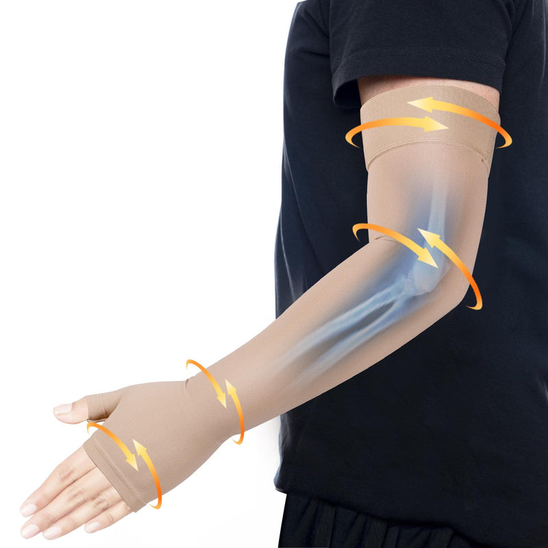 [Australia] - Lymphedema Medical Compression Arm Sleeve with Gauntlet, 20-30 mmHg Graduated Compression Full Arm Support for Women Men, Long Pressure Arm Hand Brace for Arthritis, Bursitis, Edema, Nerve Pain Beige (Single) Large 