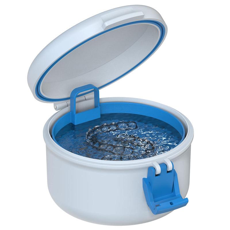 [Australia] - BVN Leak-Proof Denture Bath Cup for Travel, Denture Cup for Soak Dentures, Retainer Cleaning Case with Strainer (White + Blue) White + Blue 