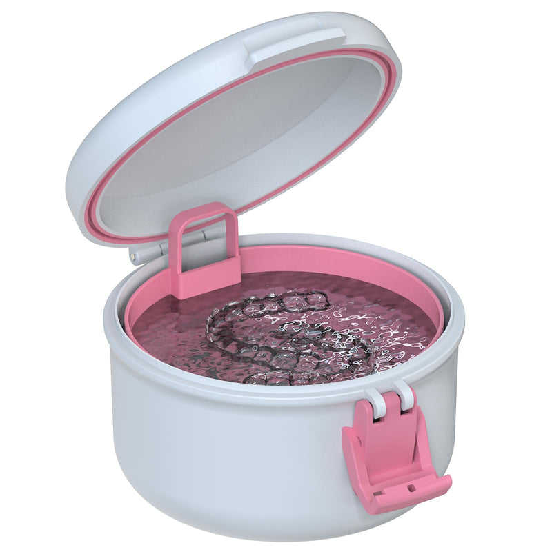 [Australia] - BVN Leak-Proof Denture Bath Cup for Travel, Denture Cup for Soak Dentures, Retainer Cleaning Case with Strainer (White + Pink) White + Pink 