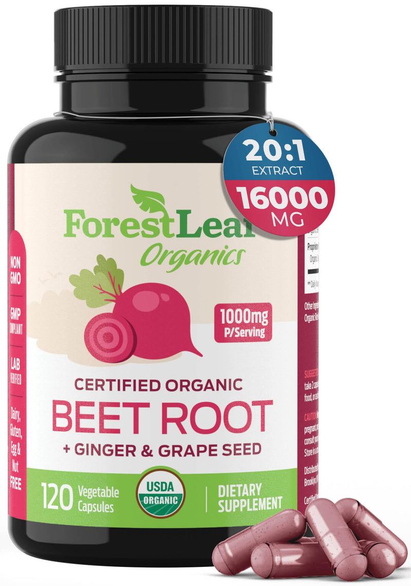[Australia] - ForestLeaf Beet Root Capsules, 1000mg, 20:1 Extract, with Ginger, Grape Seed, Supports Blood Flow, Energy (120 Count (Pack of 1)) 120 Count (Pack of 1) 