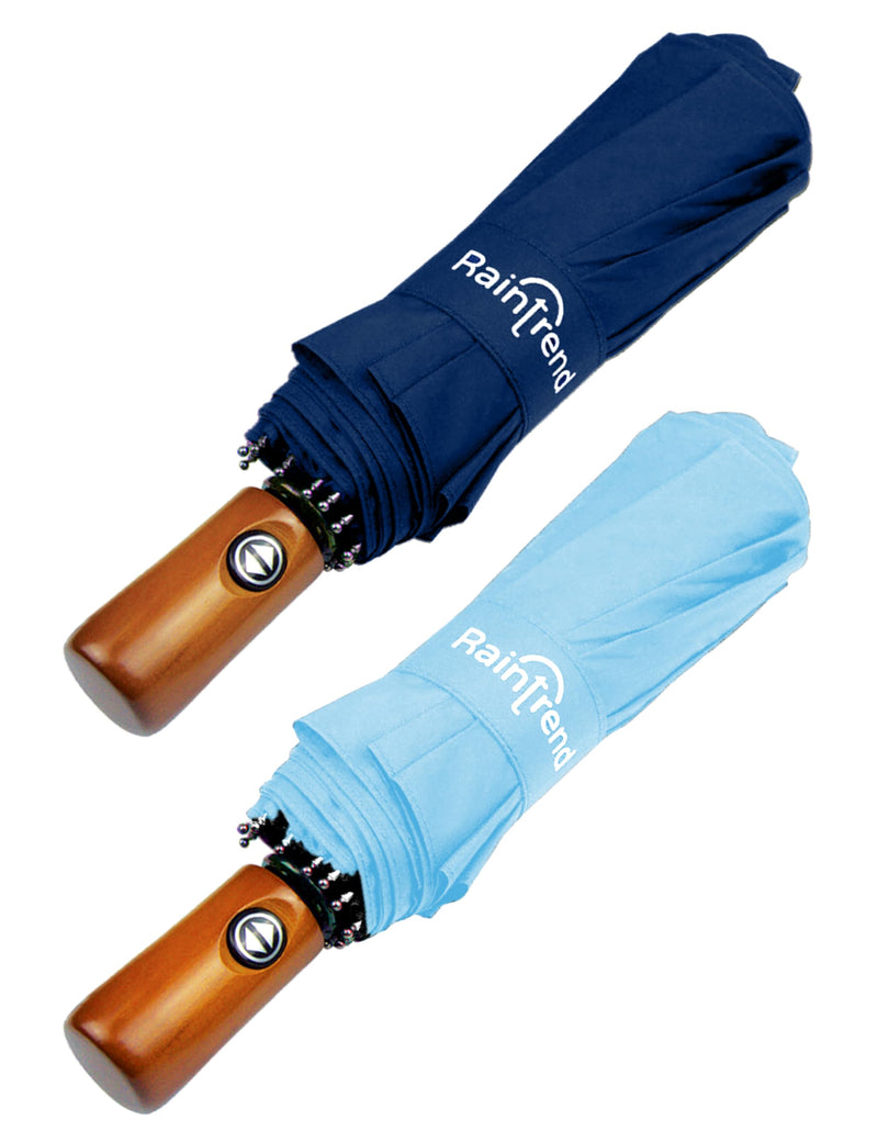 Raintrend 2 Pack Umbrellas for Rain Windproof Travel Navy Blue and Sky Blue Umbrella - Large Double Canopy but Compact Folding Portable - Automatic Strong Wind Resistant Construction