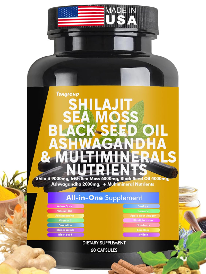 [Australia] - Shilajit 9000mg Sea Moss 6000mg Black Seed Oil 4000mg Ashwagandha 2000mg Burdock 1000mg & Vitamin C & D3 with Elderberry rhodiola rosea Dandelion Yellow Dock Turmeric ACV 