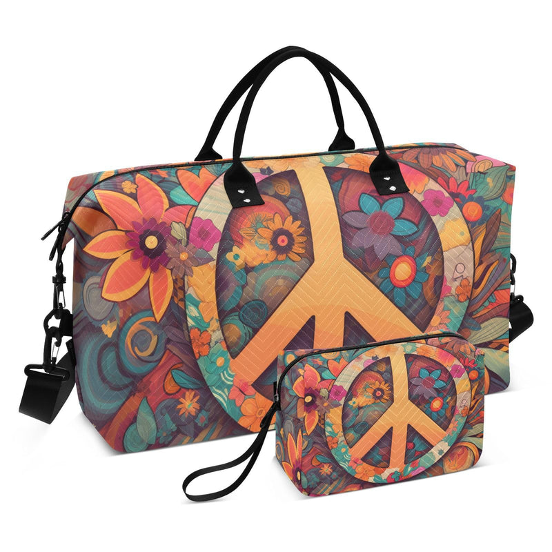 Duffel Bag Set with Toiletry Bag for Travel Gym Sport, Luggage Sleeve Weekender Bag Carry on Overnight Bag-Hippie Peace Print
