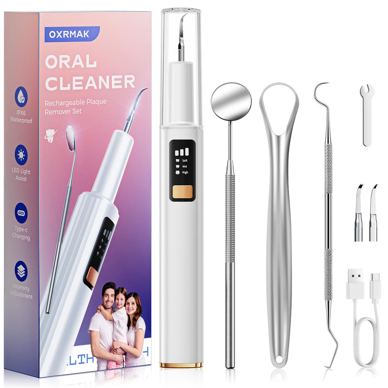 [Australia] - Plaque Remover for Teeth, Tartar Remover for Teeth with 3 Modes & Tongue Cleaner – Rechargeable Teeth Cleaning Kit with LED Light, Portable, Includes 2 Replacement Heads 