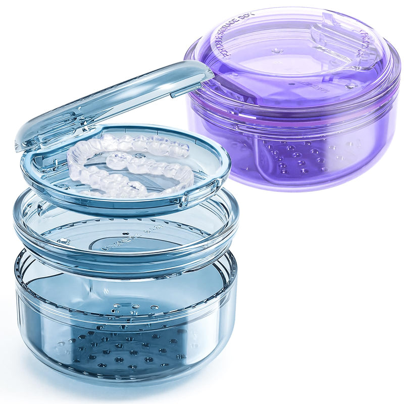 [Australia] - Denture Case, Denture Bath Box with Strainer Basket, 2 in 1 Retainer Case, No-Leak Denture Bath Box Cup, Complete Clean Care for Dentures, Clear Braces, Mouth Guard, Night Guard & Retainers-2pack Blue-Purple 