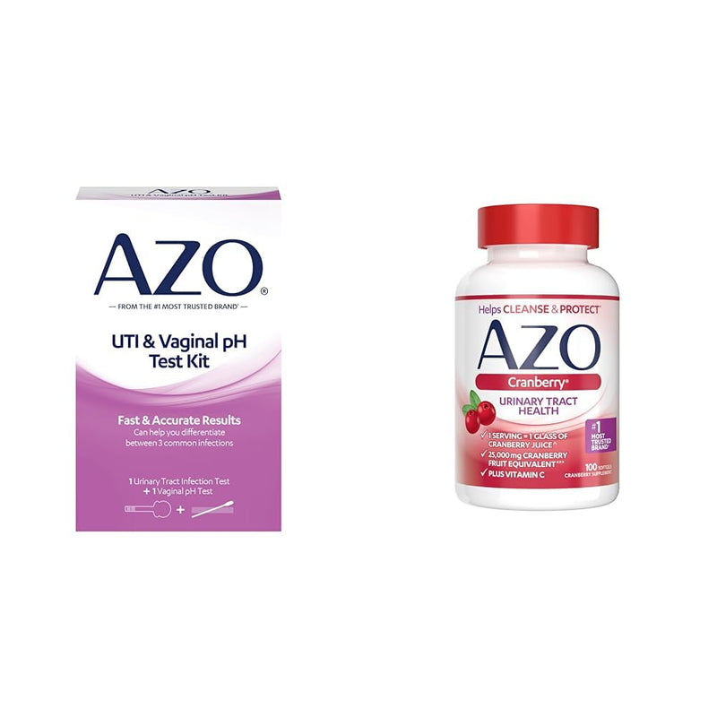 AZO Urinary Tract Infection Test Strip + Vaginal pH Test Kit Bundle with 100 Sugar Free Cranberry Softgels for Urinary Tract Health