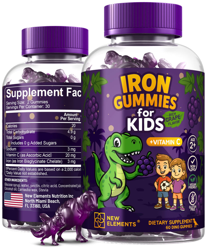 [Australia] - Iron Dinosaur Gummies for Kids with Vitamin C | Sugar-Free, Vegan, Gluten-Free & Non-GMO | Anemia Relief, Energy & Blood Health Support | Grape Flavor, Pectin-Based for Optimal Health 60 Count (Pack of 1) 