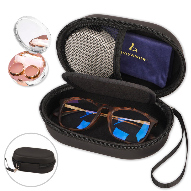 [Australia] - Lasiyanor 2 in 1 Contact Lens Case and Glasses Case, Portable Contact Box Bag with Mirror Tweezers Remover Tool Solution Bottle for Travel Daily Outdoor Black 