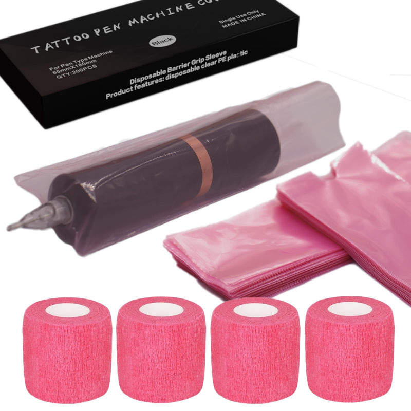 [Australia] - 200 Pink Tattoo Pen Covers & 4 Grip Tapes - Large Tattoo Machine Covers & Tattoo Tape Wrap - Tattoo Supplies 
