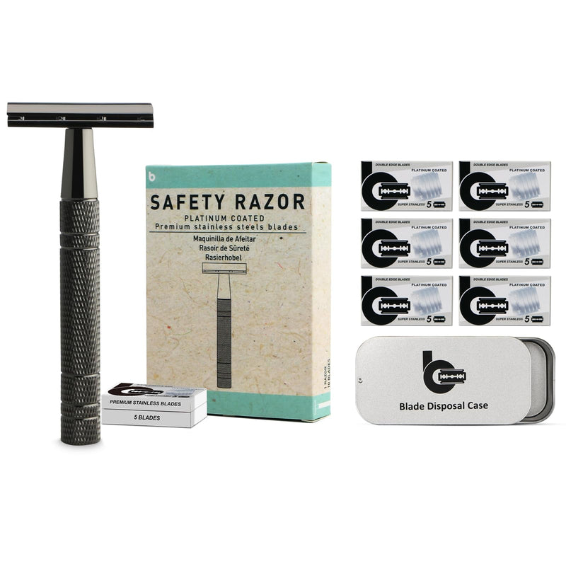 BULIMICA Gun Black Safety Razor Kit, Includes 1 Safety Razor with 10 Blades and 1 Razor Blade Bank with 30 Blades
