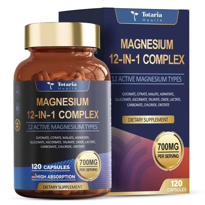 Totaria Magnesium Complex 700mg 12 in 1 Magnesium Supplement with Glycinate Citrate Malate Oxide Taurate Aspartate Orotate Magnesium Relaxation,Muscle,Heart Support, Vegan 120 Capsules 120 Count (Pack of 1)