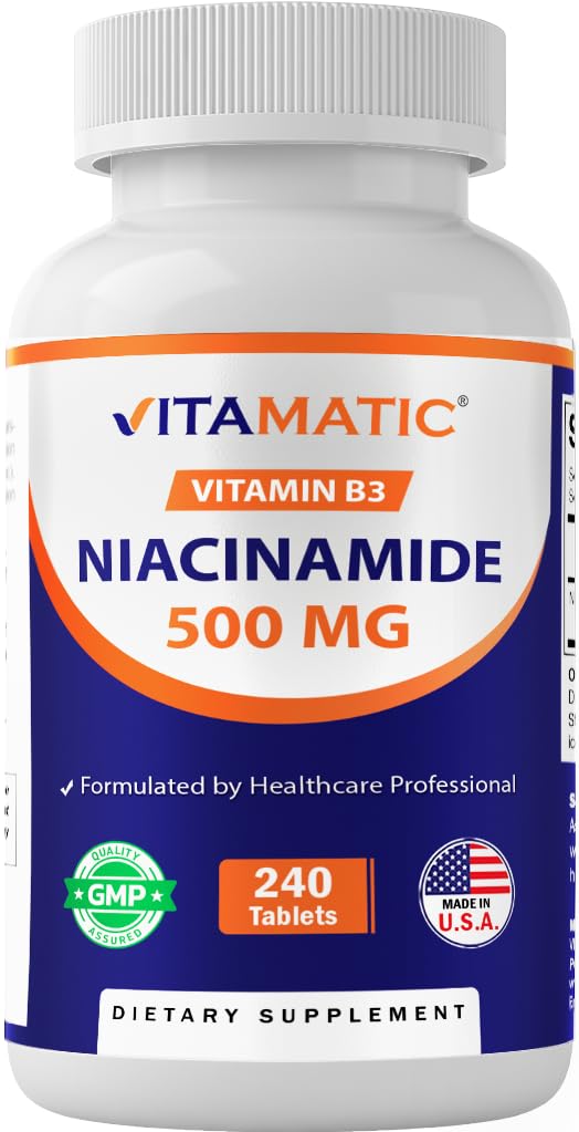 Vitamatic Niacinamide 500 mg 240 Tablets - Flush Free Vitamin B3 - Supports Energy Production 240 Count (Pack of 1)