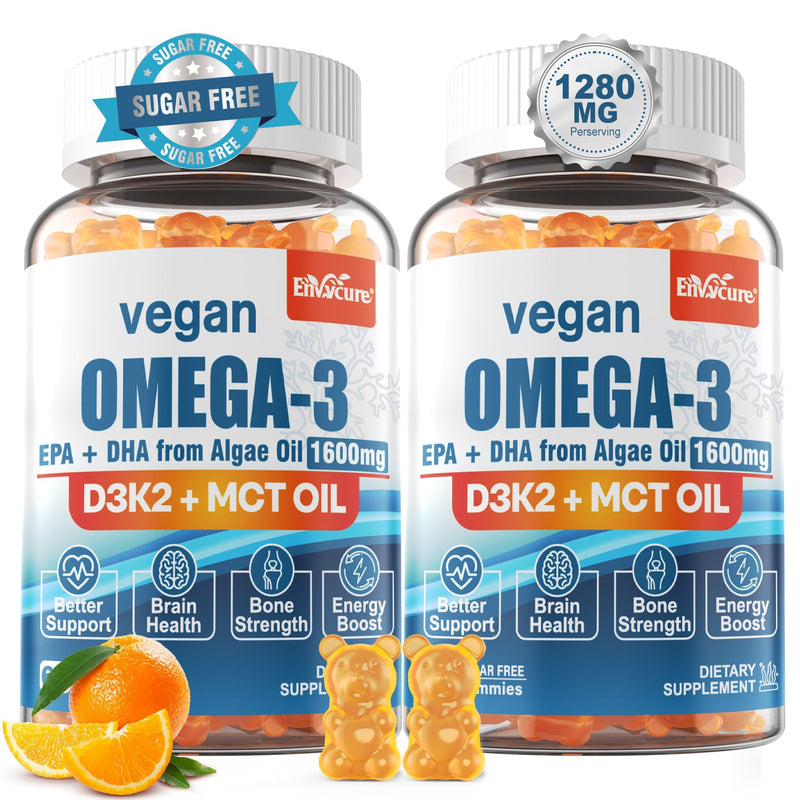[Australia] - Vegan Omega 3 Gummies 1280mg + Vitamin D3 K2 (MK7), Omega 3 Fish Oil Alternative for Adults, w/Algae EPA 600mg & DHA 400mg, MCT Oil - No Fish Taste - for Brain, Eye, Immune Health, Sugar Free, 2 Pack 60 Count (Pack of 2) 