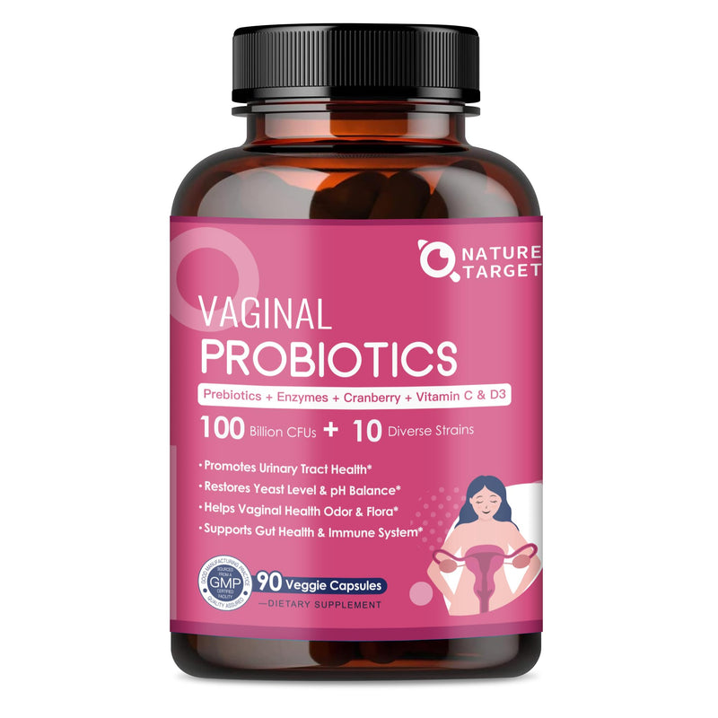 [Australia] - NATURE TARGET Vaginal Womens Probiotics, 100 Billion CFUs Probiotics & Prebiotics with Digestive Enzymes, Cranberry & D-Mannose - Supports pH Balance, Odor & Urinary Tract Health - 90 Capsules 90 Count (Pack of 1) 