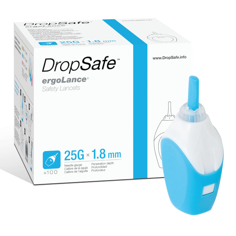 Ergolance Safety Lancet, 25 Gauge, 1.8mm, Pressure Activated Blood Testing, for Normal to Thick Skin, Sterile, Single-Use, 100ct Box Blue 25 Gauge 1.8mm
