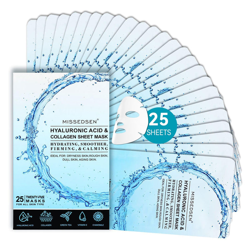 Collagen Face Mask 25PCS | With Hyaluronic Acid & Vitamin E, for dry/sensitive skin, Cruelty-free 1 Ounce (Pack of 25)