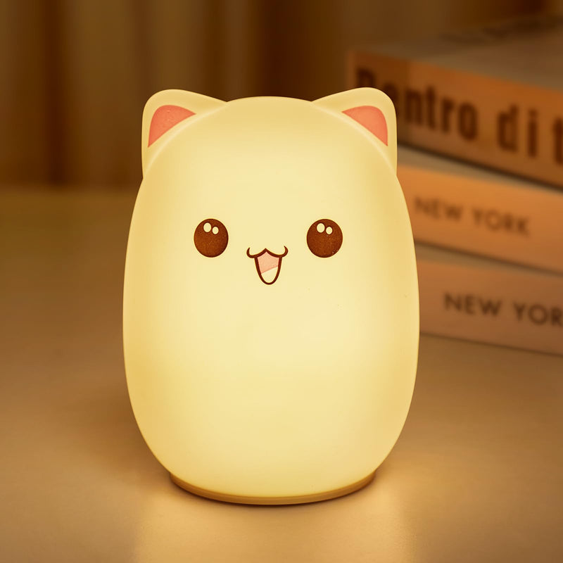 [Australia] - Minetom Night Light for Kids, Cute Silicone Kitty Night Light with 3 Levels of Brightness, 7 Colors Rechargeable Lamp for Bedroom, Girls and Boys, Nursery, Baby Gifts, Tap Control Kawaii Cat 