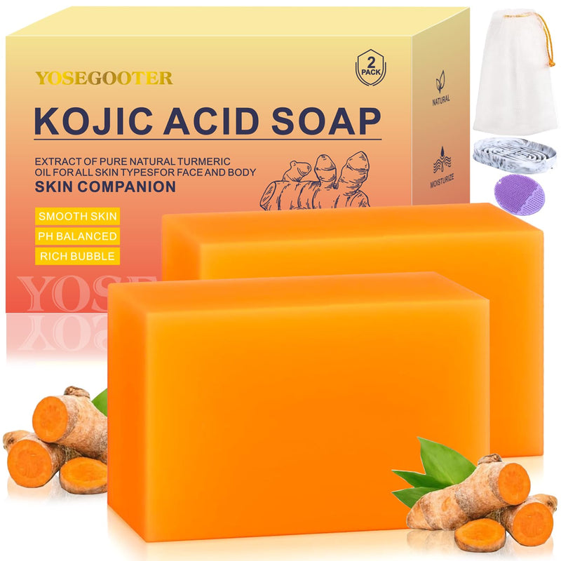 Kojic Acid Soap, Turmeric Soap Bar for Dark Spots remover for face and body with Collagen, Vitamin E, Retinol, Hyaluronic Acid, Shea Butter,Original Japanese Complex, 2 Bars With Face Scrubber 2Pack*100g