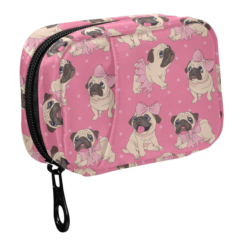 Fustylead Cute Cartoon Pugs Puppies in Pink Ballerina Tutu Bow and Dots Pill Organizer for Purse, Weekly Portable Pill Box with Zipper to Storage Vitamins Fish Oils Medications Supplements