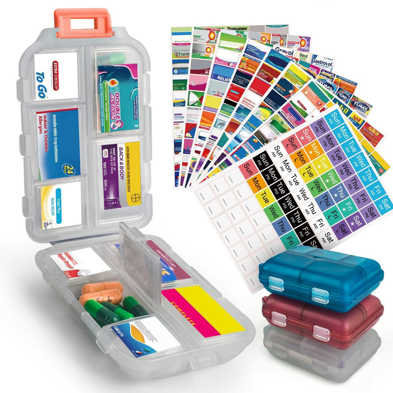 3 Pcs DIY Travel Pill Organizer with Labels Pocket Pharmacy, 3 Pill Box & 420 Medicine Labels, Portable Travel Essentials Mini Pill Container 7 Day Pill Case Storage Vitamin Fish Oil (Set B) Gray + Blue + Red 3 PCS