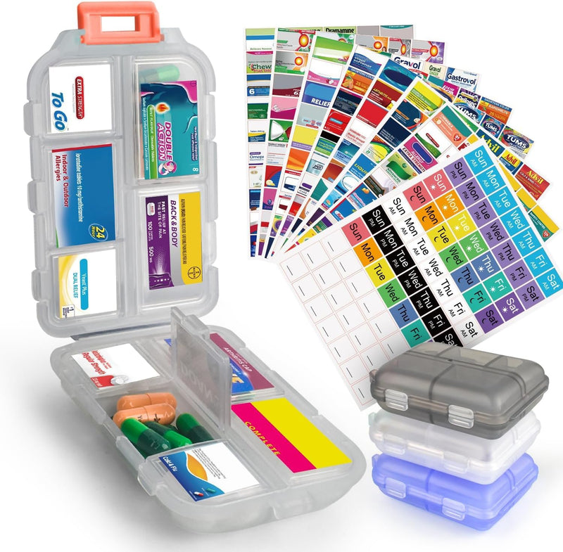 3 Pcs DIY Travel Pill Organizer with Labels Pocket Pharmacy, 3 Pill Box & 420 Medicine Labels, Portable Travel Essentials Mini Pill Container 7 Day Pill Case Storage Vitamin Fish Oil (Set A) Gray + Blue + White 3 PCS