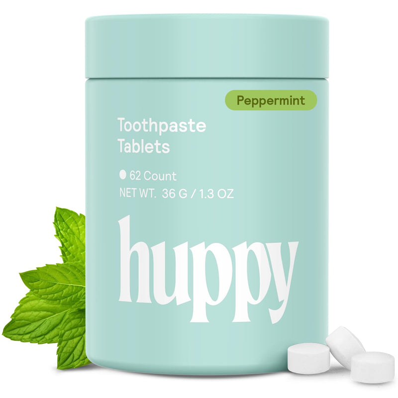 [Australia] - HUPPY Toothpaste Tablets, Nano Hydroxyapatite Toothpaste - Natural Whitening, Fluoride Free and Remineralizing Tablets - Travel Hydroxyapatite Tabs, 62 Count One Month w/Refillable Tin Can 