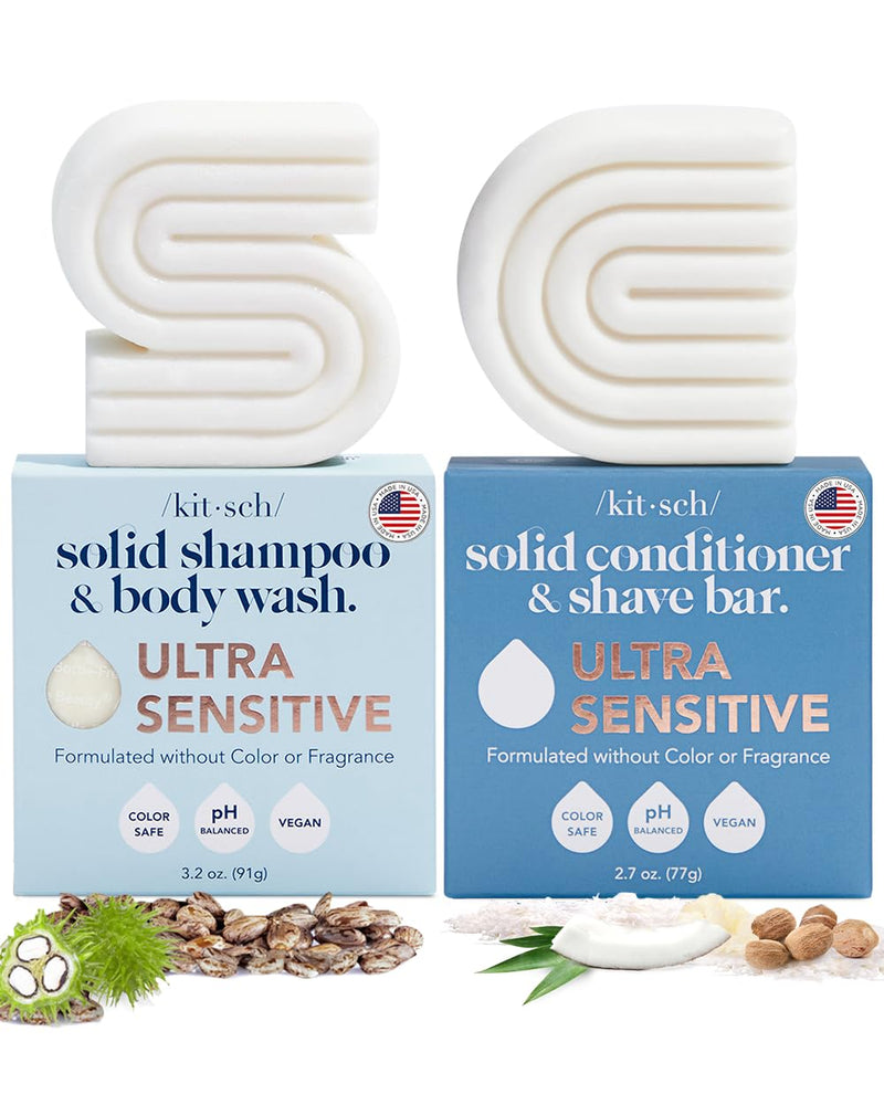 Kitsch 2-in-1 Ultra Sensitive Shampoo Bar & Body Wash + Conditioner Bar & Shaving Soap – Fragrance-Free Bar Soap for Sensitive Skin & Scalp - For Healthy, Radiant Hair and Skin - Made in USA – 2pcs