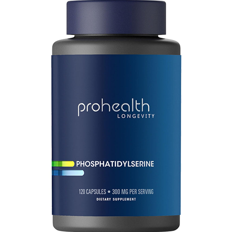 ProHealth Phosphatidylserine. Protects Cognition and Brain Health. Supports Healthy Nervous System Function. Enhances Athletic Performance and Recovery. 300 mg per 2 Cap. Serving, 120 Caps.