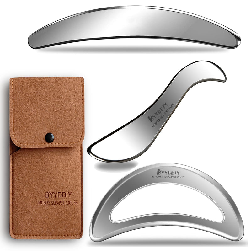 [Australia] - BYYDDIY Moon Shape 3 in 1 Stainless Steel Muscle Scraper Tools Set,Guasha Tool for Body,Scraping Massage Tools for Physical Therapy,Derma Edge Massage Tool & GuaSha Massage Scraper Tool (MN-SC1) MN-SC 