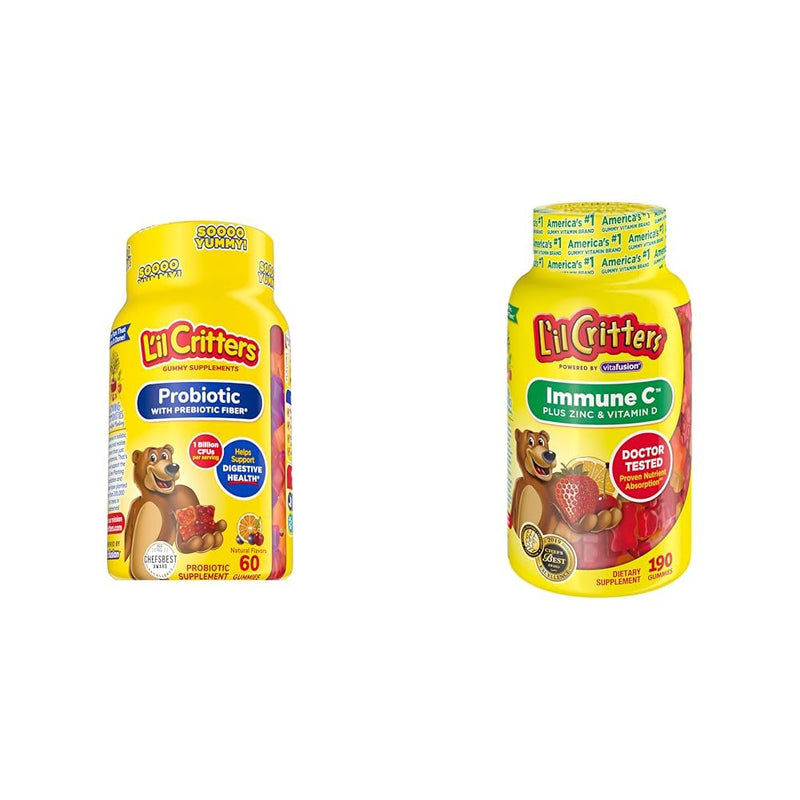 L'il Critters Kids Probiotic Digestive Gummy Grape Cherry Orange 60 Count and Immune C Vitamin Gummy Orange Lemon Cherry 190 Count Bundle