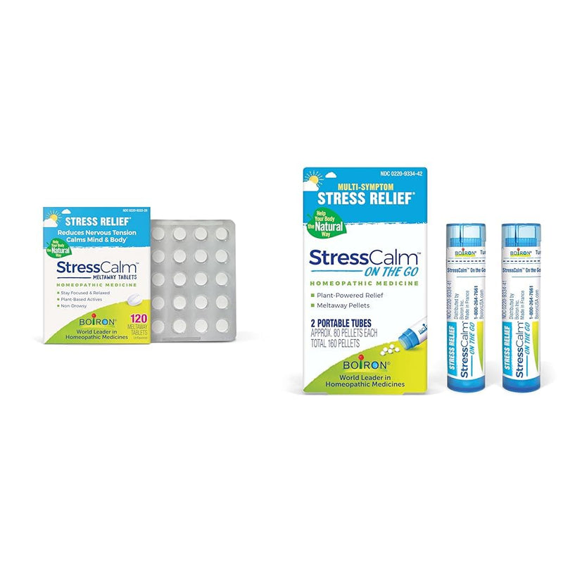 Boiron StressCalm Tablets 120 Count and StressCalm On The Go 80 Count (2 Pack) for Relief of Stress, Anxiousness, Nervousness, Irritability, and Fatigue
