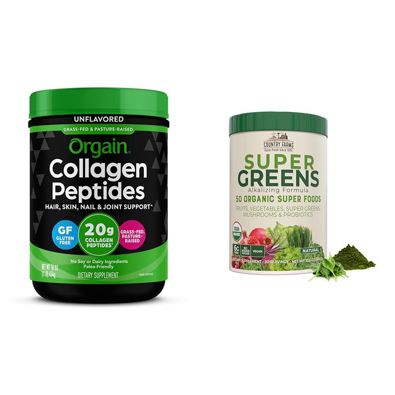 Orgain Hydrolyzed Collagen Peptides Powder, Country Farms Super Greens Powder, 50 Organic Superfoods