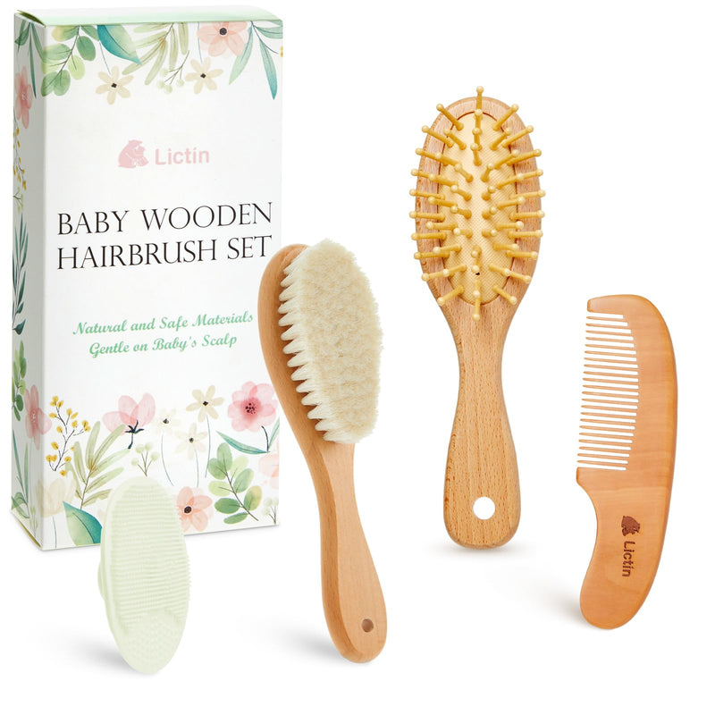 [Australia] - Lictin Baby Hair Brush and Comb Set, 4 Pcs Newborn Hair Brush with Soft Bristle, Natural Goat Hair and Wood Baby Cradle Cap Comb for Newborns & Toddlers, Newborn Baby Essentials, Perfect Registry Gift 