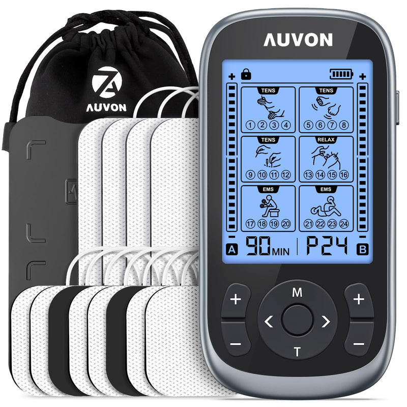 AUVON 3-in-1 TENS Unit Muscle Stimulator, 40 Levels for Gradual Pain Relief | EMS Massage Machine, Drug-Free for Shoulder, Sciatica, Back Pain Relief, 24 Modes Electronic Pulse Massager, 12 TENS Pads A Dark Grey