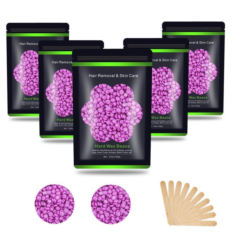 [Australia] - Hard Wax Beads for Hair Removal 1.1 lb (17.6 oz) - Sensitive Skin, Brazilian, Face, Bikini, Legs, Eyebrow - Painless Waxing Kit for Women Men, 5 Packs With 10 Wax Sticks 5 Purple 