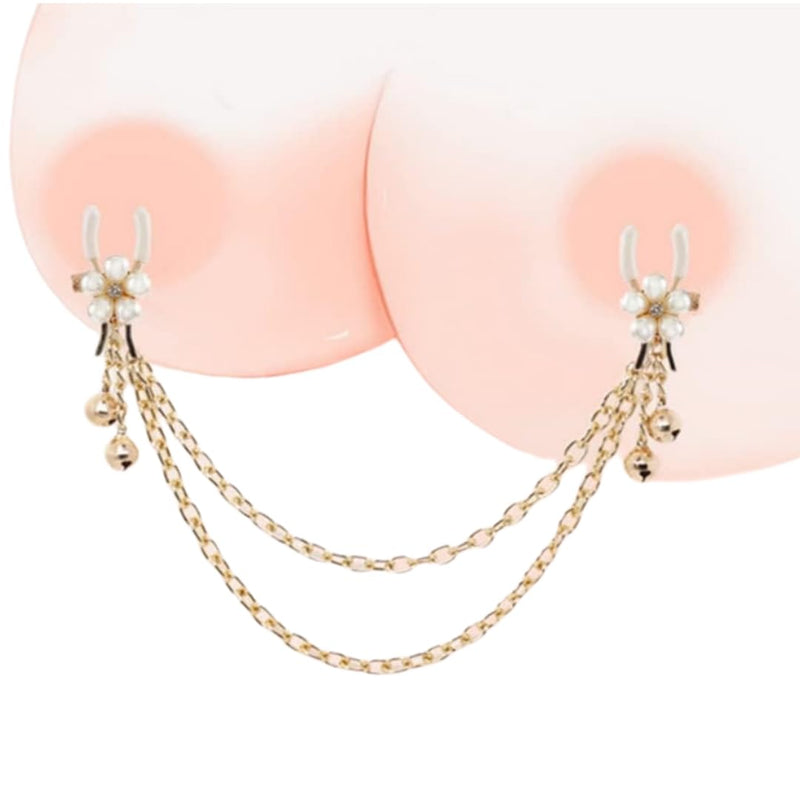 [Australia] - Pearl Nipple Clip Clamps Body Ring Chain for Women Stainless Steel Body Clamp Adjustable Non-Piercing Bells 18K Gold Plated Body Chain for Women Faux Body Jewelry 