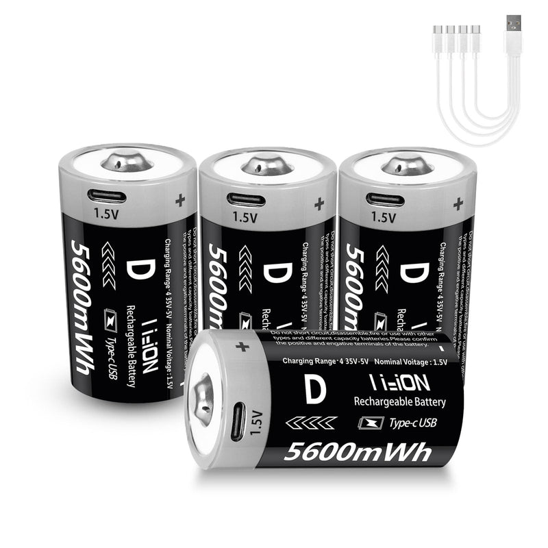 [Australia] - Rechargeable D Batteries 1.5V 5600mWh Lithium-ion Batteries with 4 in 1 USB-C Charging Cable, D Li-ion Batteries 1000 Cycles for Flashlight, Water Heater, Gas Stove (4 Pack) 