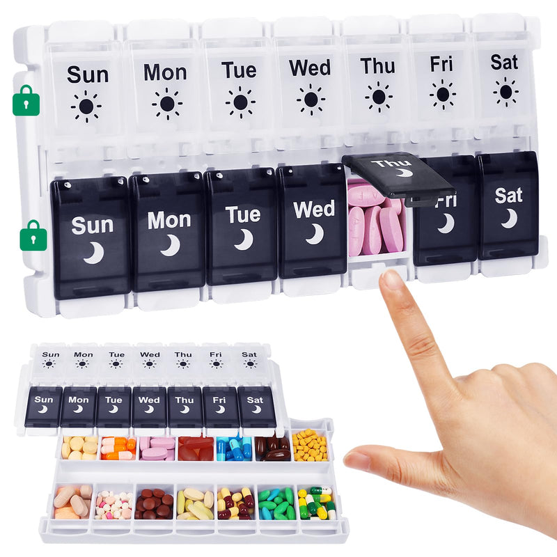 Shintop Weekly Pill Organizer 2 Times a Day, 7 Day Am Pm Pill Box | Arthritis-Friendly Push Buttons, Removable Lid, 14 Large Compartments for Vitamins and Fish Oil, BPA-Free PP, Silicone Hinges Black&white